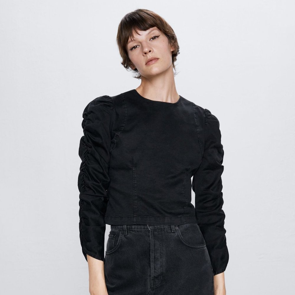 ZARA RUCHED BLACK DENIM TOP